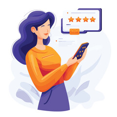 Person using a tablet with star ratings on screen, vibrant colors.