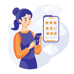 Person using a tablet with star ratings on screen, vibrant colors.