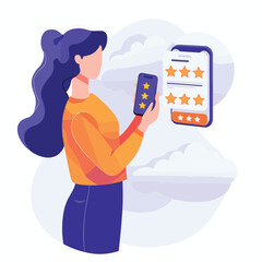 Person using a tablet with star ratings on screen, vibrant colors.