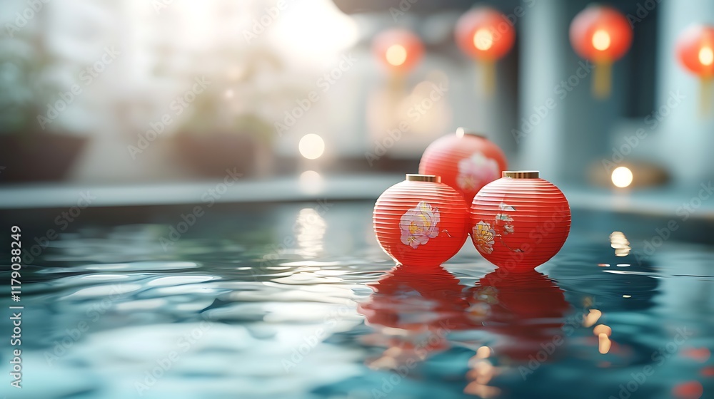 Poster clusters of red asian lanterns floating above a tranquil reflective pool in a serene minimalist land