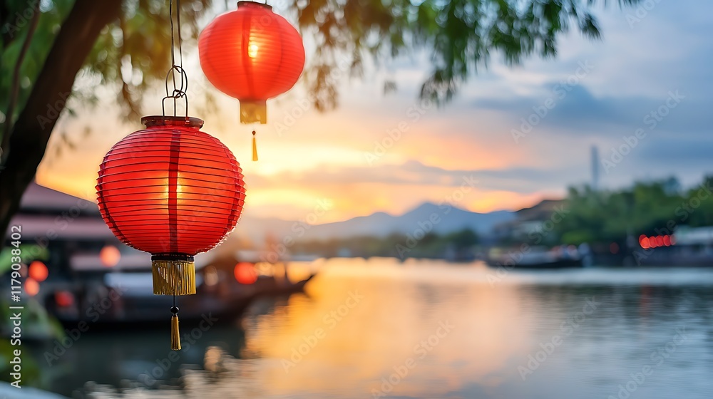 Poster colorful red paper lanterns strung across a tranquil riverside creating a glowing display at sunset 