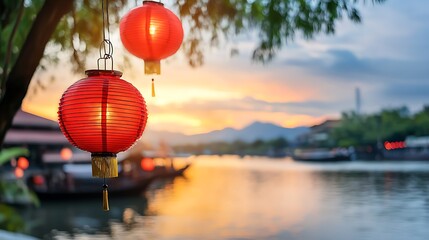 Obraz premium Colorful red paper lanterns strung across a tranquil riverside creating a glowing display at sunset The serene scene reflects in the still water
