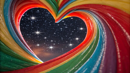 A digital art piece shows a heart-shaped rainbow design with a starry night sky inside, symbolizing inclusivity and love embracing the universe.