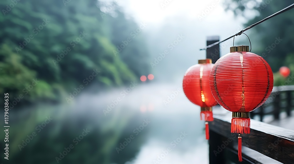 Aufkleber delicate red lanterns floating on the surface of a misty river their soft glow reflected in the stil