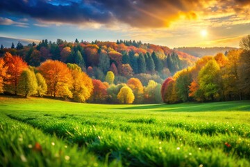 Crisp autumn air, sun-drenched green field, and a breathtaking panorama of fall foliage create a nature masterpiece.