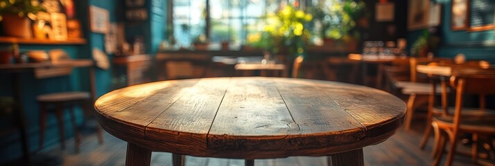 Fototapeta premium Cozy Rustic Cafe Interior with Sunlit Wooden Table and Warm Vibe