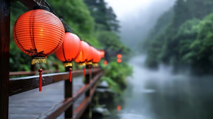 Delicate red lanterns reflected in the still misty waters of a serene river surrounded by a lush forest canopy  The tranquil atmospheric scene evokes a sense of harmony and traditional Asian heritage