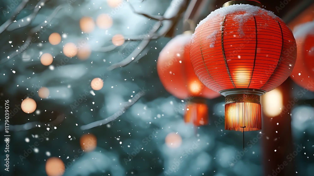 Aufkleber elegant red chinese lanterns glowing and illuminating amidst the delicate falling snowfall creating 
