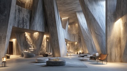 Fototapeta premium Modern minimalist lobby interior with dramatic concrete architecture, featuring seating areas and ambient lighting.