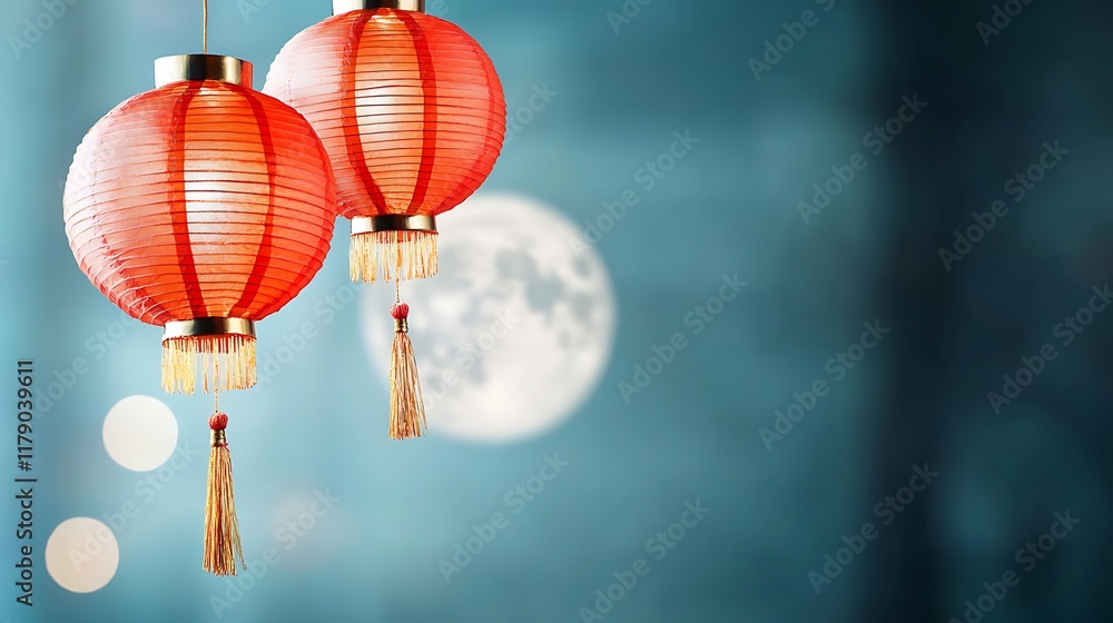Poster enchanting red paper lanterns with delicate golden tassels gently swaying in the night sky creating 