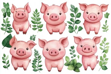 Cute illustrated pigs surrounded by green foliage, ideal for children's designs or decorations.