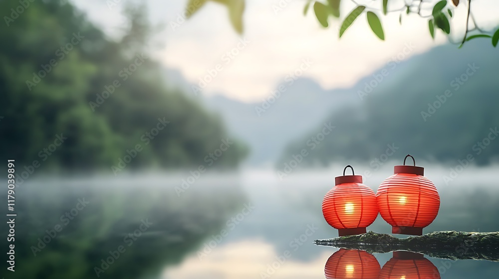 Poster floating red lanterns gently illuminating the calm surface of a lake creating a dreamlike and serene