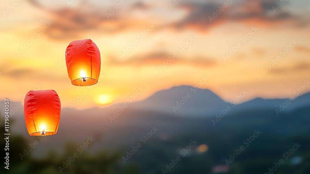 Poster floating red lanterns gracefully ascending into the serene evening sky creating a captivating and sy