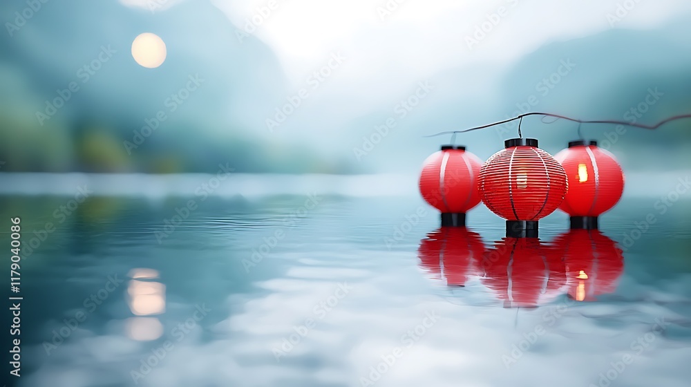 Poster floating red lanterns reflected on a calm tranquil lake at dusk creating a dreamlike mystic atmosphe