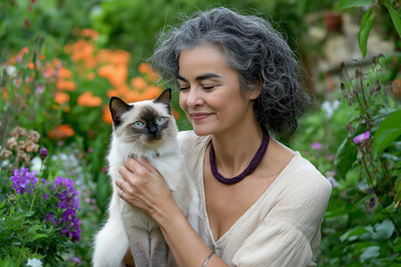 Obraz premium Mature Latina Woman Holding Siamese Cat in Blooming Garden with Vibrant Flowers and Greenery