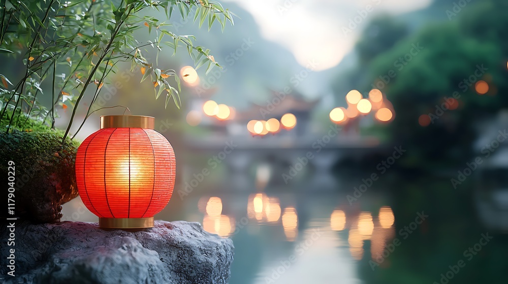 Poster glowing red asian lanterns floating peacefully on the calm waters of a tranquil river at dusk creati