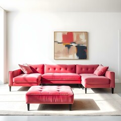 A pink velvet sectional sofa with a matching ottoman in a modern, minimalist living room
