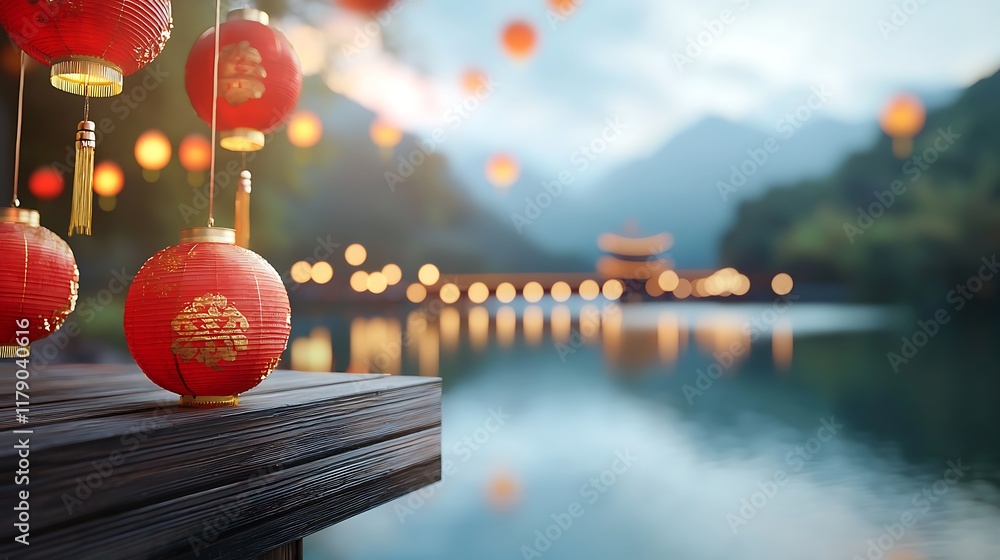 Aufkleber glowing red chinese lanterns floating on the calm surface of a tranquil lake with mountains in the b