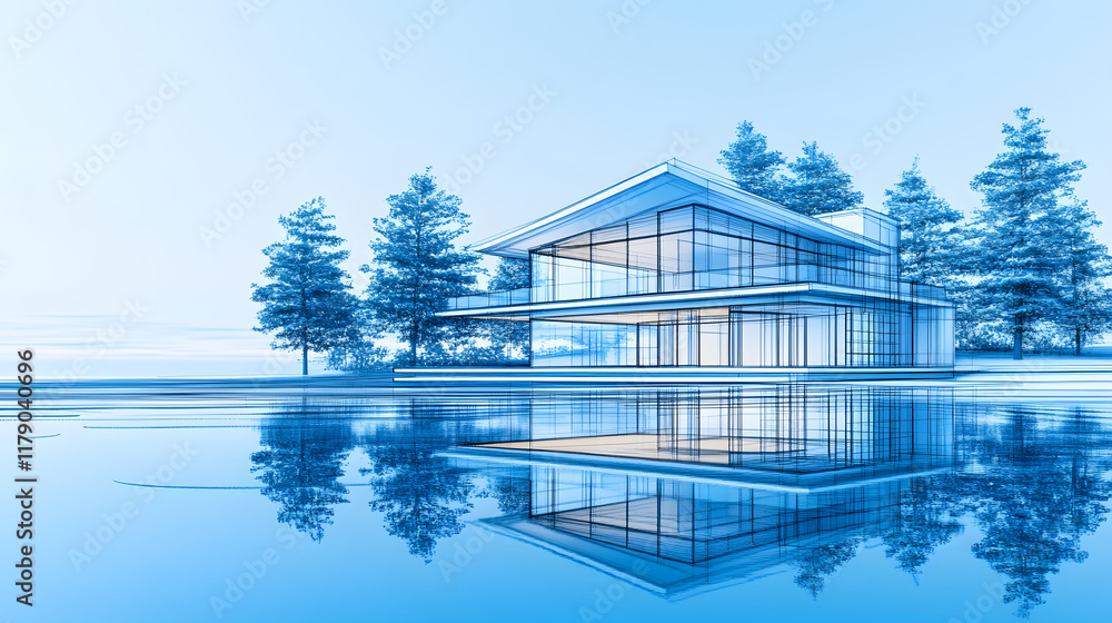 Poster a modern house design reflected in calm water, surrounded by trees, showcasing a serene and minimali