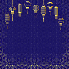 Greeting card with gold outline of lanterns and Japanese asanoha or hemp leaf pattern on blue background. Design concept with decorative element for Chinese New Year.