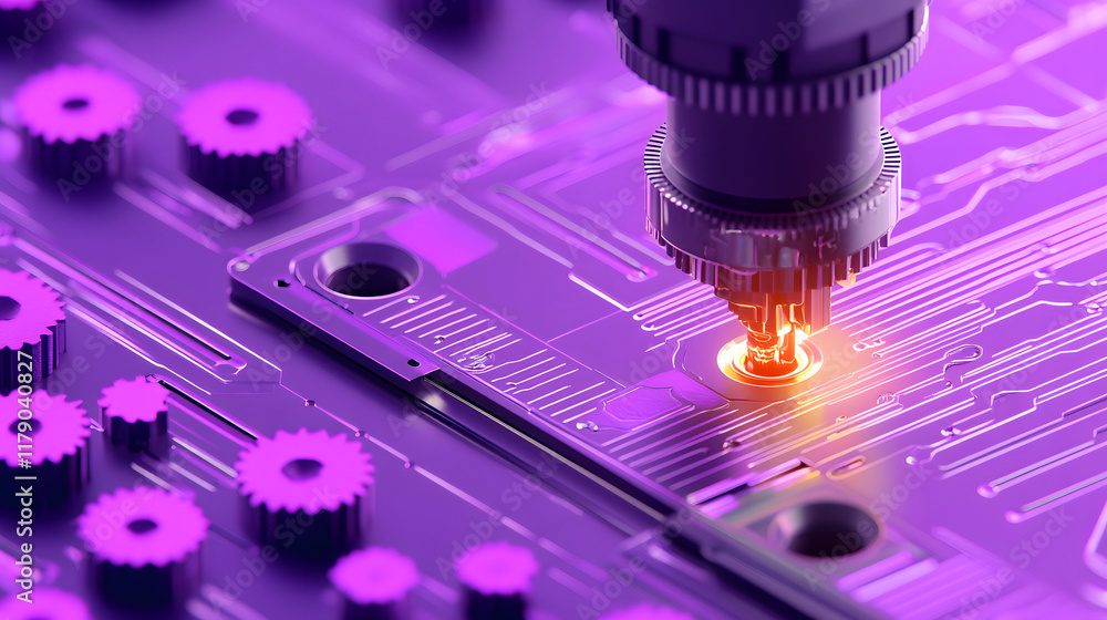 Poster A close-up of a purple circuit board being processed by a precision tool, highlighting intricate details and glowing components
