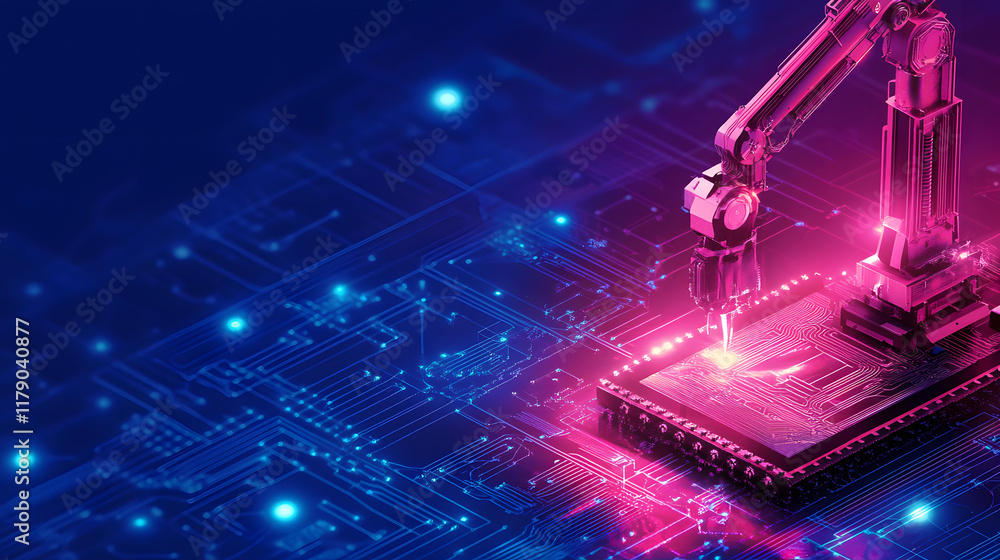 Aufkleber a robotic arm interacts with a circuit board, illuminated by vibrant pink and blue lights, symbolizi