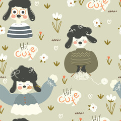 Seamless pattern with cute sheeps, flowers and words. Hand drawn little shepps pattern. Vector illustration.