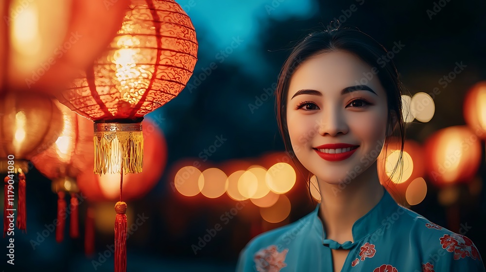 Poster glowing red chinese lanterns hanging in a row against a dark atmospheric urban background the lanter