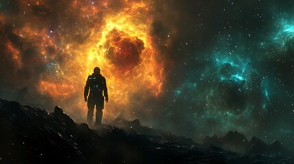 Fototapeta premium Astronaut Silhouetted Against Fiery and Teal Nebulae: A Dramatic Cosmic Artwork