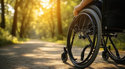 Close-up of a person in a wheelchair out-of-focus background of trees in a park