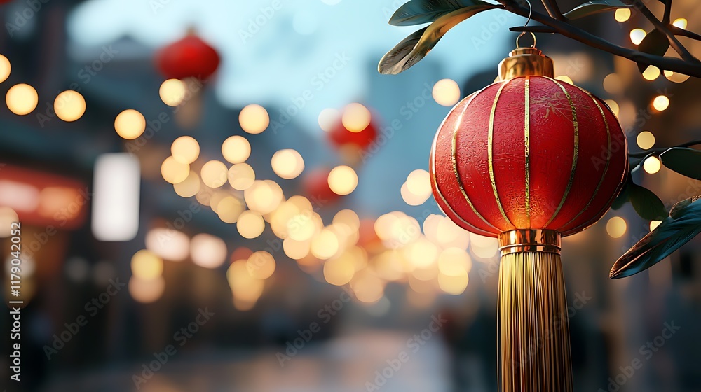 Aufkleber glowing red chinese lanterns with golden tassels hanging in a vibrant atmospheric setting creating a