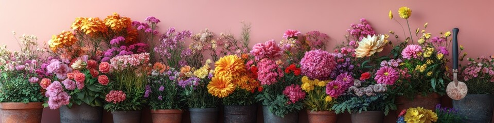 Obraz premium Vibrant Array of Colorful Flowers Arranged in Pots Against a Peach Backdrop