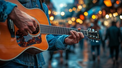 Obraz premium Close-up of hands playing an acoustic guitar, with blurred people walking on the street in the background