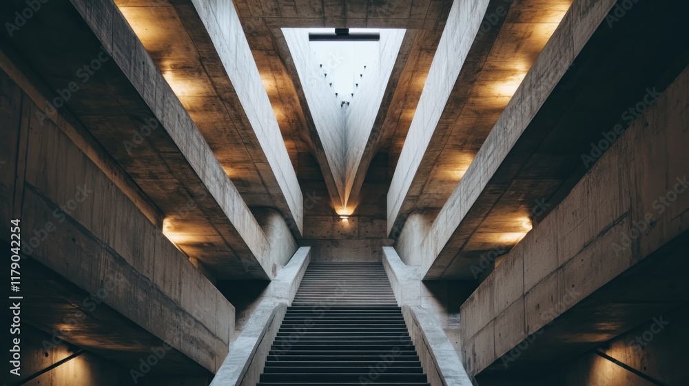 Aufkleber low-angle view of a modern concrete staircase ascending towards a light source in a symmetrical arch