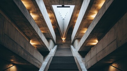 Fototapeta premium Low-angle view of a modern concrete staircase ascending towards a light source in a symmetrical architectural structure.