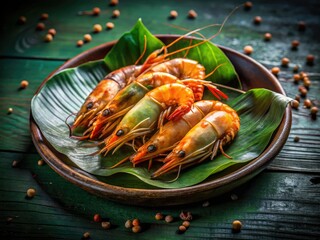 Eco-friendly dining: Close-up of shrimp shell remnants on a banana leaf plate beside a ceramic dish.