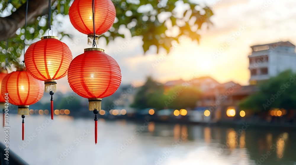 Poster glowing red lantern strung across a tranquil riverside setting creating a serene and atmospheric sce