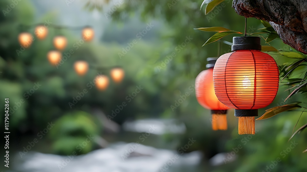 Poster glowing red lanterns floating gently on the surface of a tranquil river illuminating the serene atmo