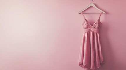 Pink dress hanging on wooden hanger against pink wall, fashion background, website banner.