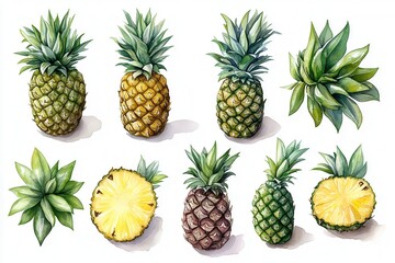 A collection of illustrated pineapples, showcasing whole and sliced varieties.