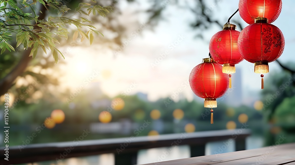 Aufkleber glowing red lanterns floating on a tranquil lakeside scene creating a serene and atmospheric ambianc