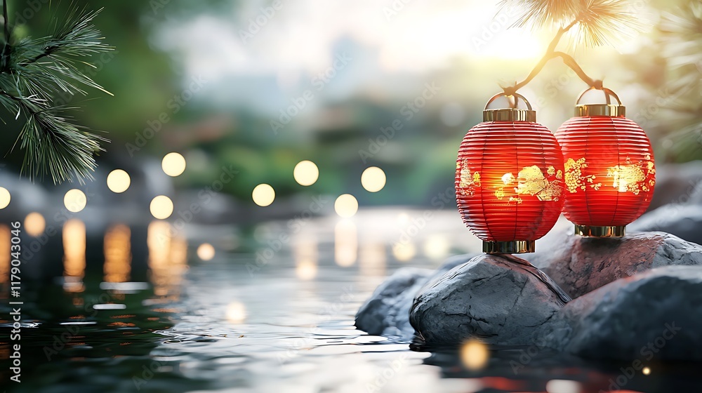 Poster glowing red lanterns floating on the calm reflective surface of a tranquil river at dusk creating a 