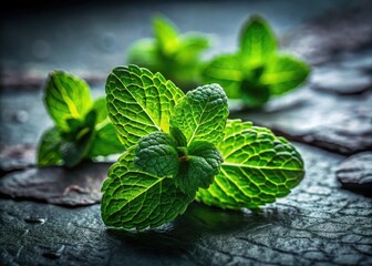 Emerald green peppermint leaves explode in detail against a brooding, slate-grey stone.