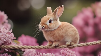 A fluffy rabbit carefully stepping on a rope surrounded by blooming flowers