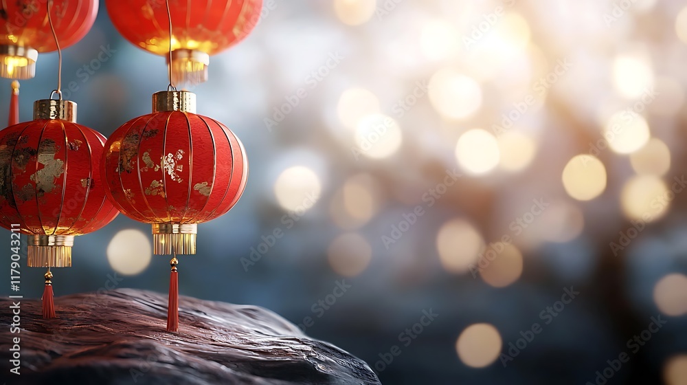 Poster glowing red lanterns hanging against a dark intricate golden sky background creating a festive and a
