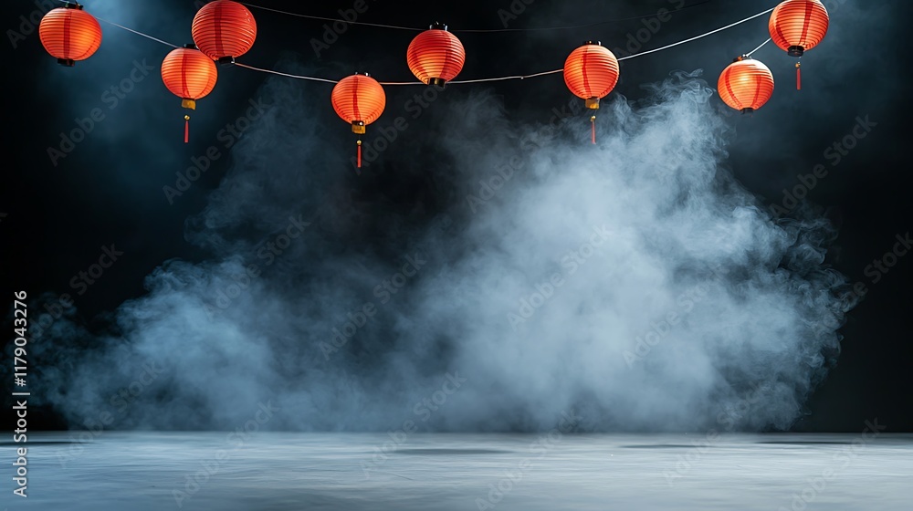 Poster glowing red lanterns hanging from strings surrounding a grand stage creating a mesmerizing and atmos