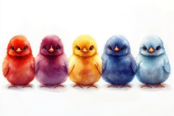 A colorful group of five cartoon-style chicks in vibrant hues.