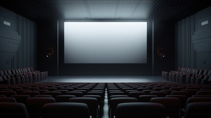 Fototapeta premium Modern Grey Auditorium Interior with Empty Seating and Large Screen Space for Presentations and Events: A Contemporary Design Reference