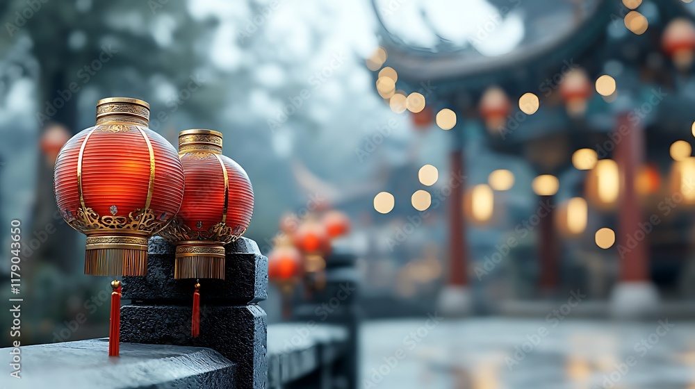 Poster glowing red lanterns hanging in a serene and tranquil temple courtyard creating a warm festive and i