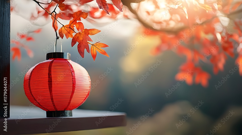 Poster glowing red lanterns hanging softly under a canopy of vibrant autumn leaves creating a tranquil and 